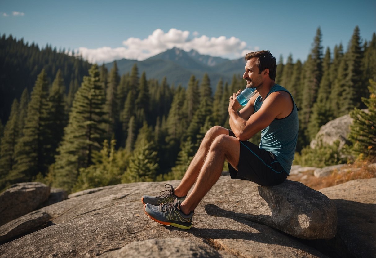 A trail runner sits on a rock, surrounded by trees and a winding trail. They are stretching their legs and sipping on a water bottle. A foam roller and recovery snacks are nearby