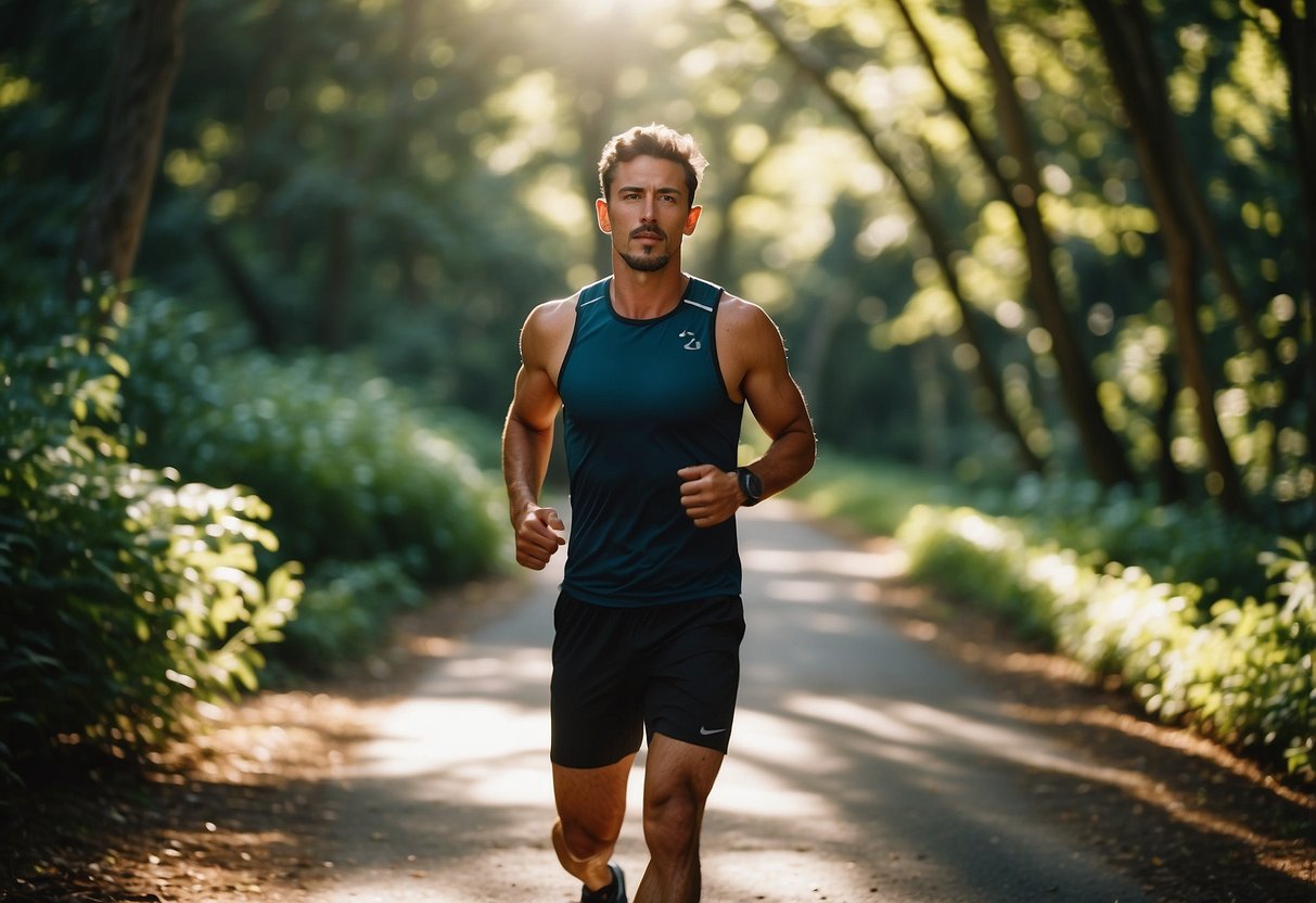 A runner on a winding path, surrounded by lush greenery and tall trees. The sun is shining, casting dappled shadows on the ground. The runner's posture is strong and determined, showing resilience and motivation