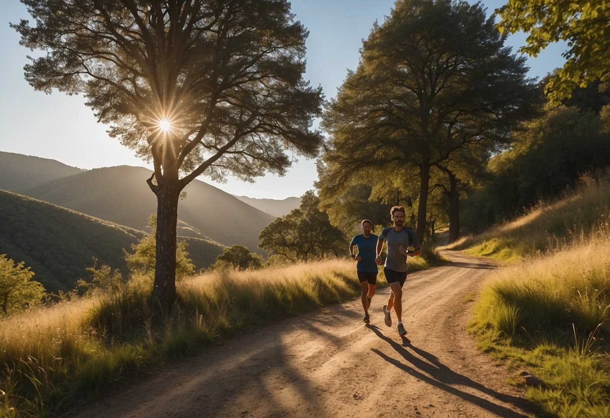 A runner on a long, winding trail with hills in the background, focused and determined. The sun is shining, casting long shadows on the ground. The runner is surrounded by nature, with trees and greenery lining the path