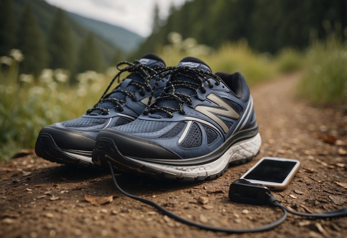 A pair of running shoes next to a smartphone playing motivational music, surrounded by nature and a long trail stretching into the distance