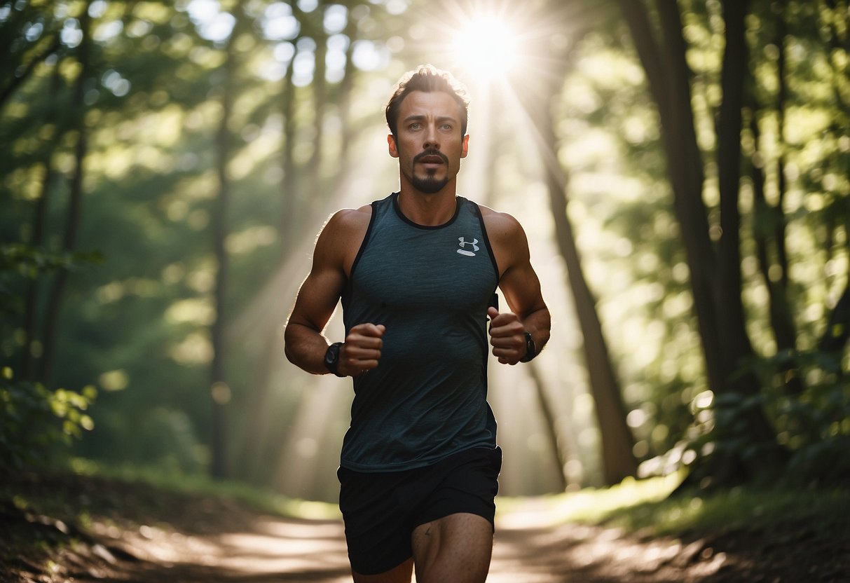 A runner on a trail, surrounded by trees and nature, breathing steadily and looking determined. The sun is shining, casting dappled shadows on the ground