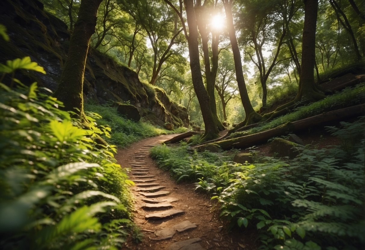 A scenic trail with lush greenery, rocky terrain, and a clear running path. Sunlight filters through the trees, highlighting the vibrant colors of the 5 best trail running shorts