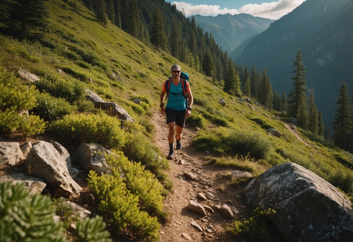 A rocky trail winds through a lush forest, with the Salomon Agile Shorts 5 showcased against a backdrop of vibrant greenery and rugged terrain