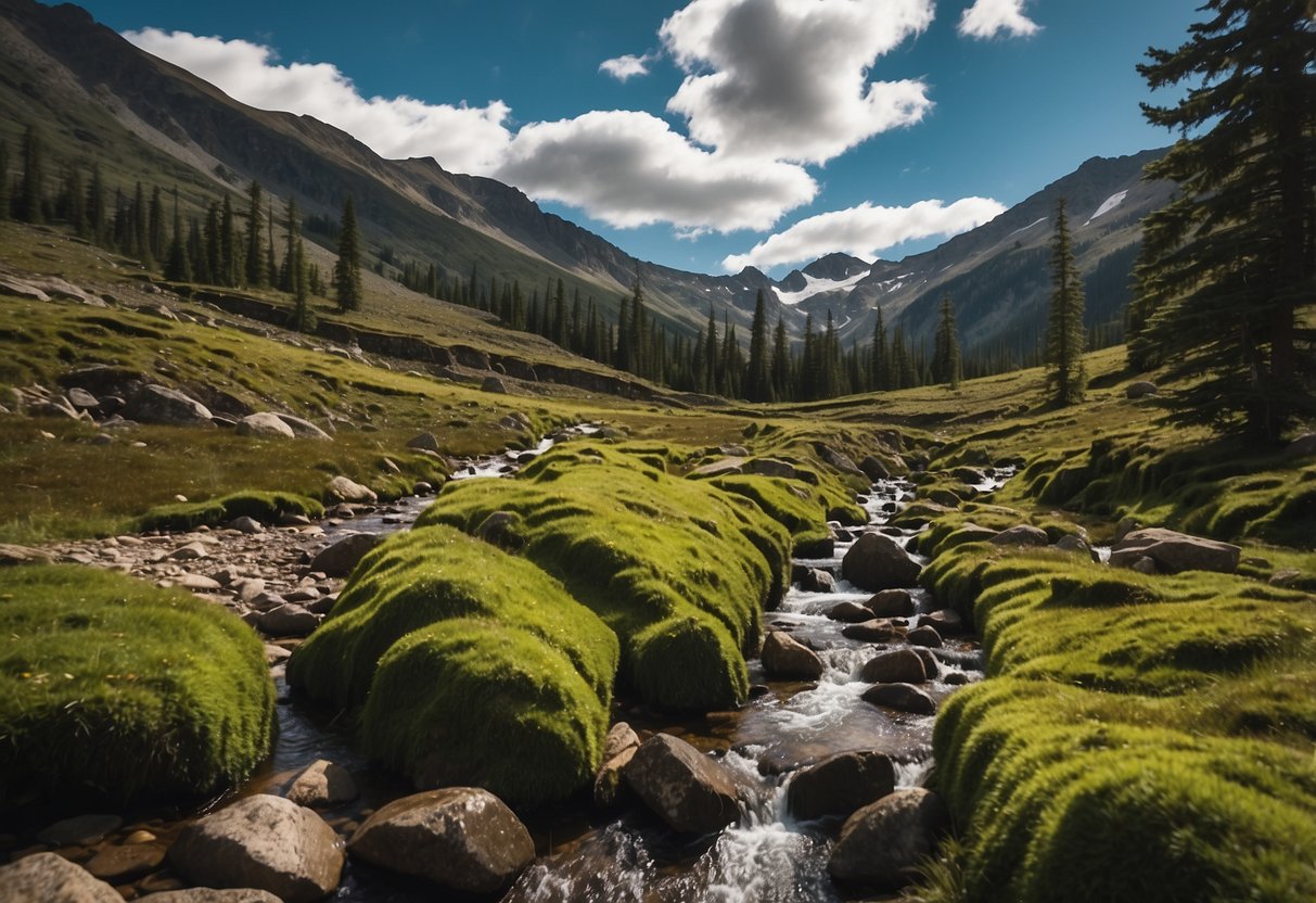 A rugged trail with rocky terrain, surrounded by lush green trees and a flowing stream. The Brooks Sherpa 5 5 Best Trail Running Shorts are showcased on a moss-covered log