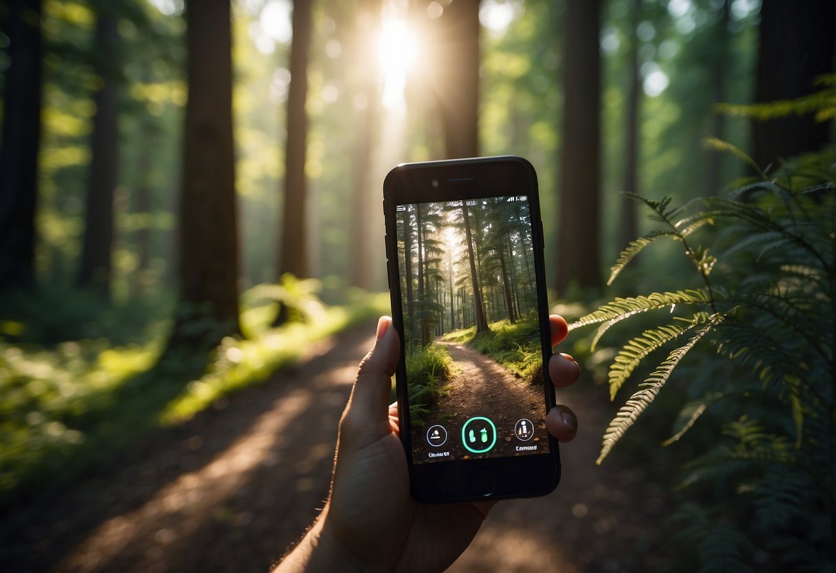 Trail runners use 10 top apps. A forest trail with a smartphone displaying running app icons. Sunlight filters through the trees