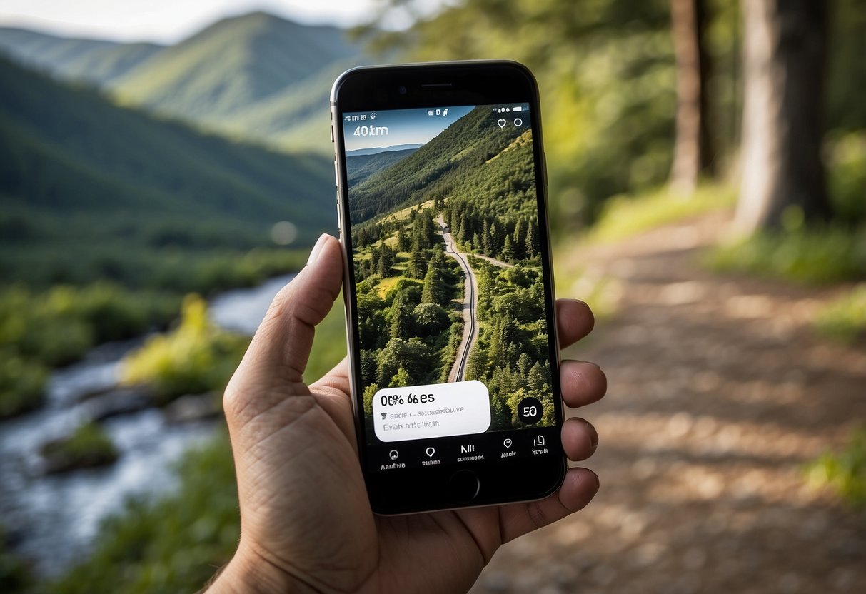 A smartphone displaying the AllTrails app with a map of a scenic trail, surrounded by lush trees and rolling hills