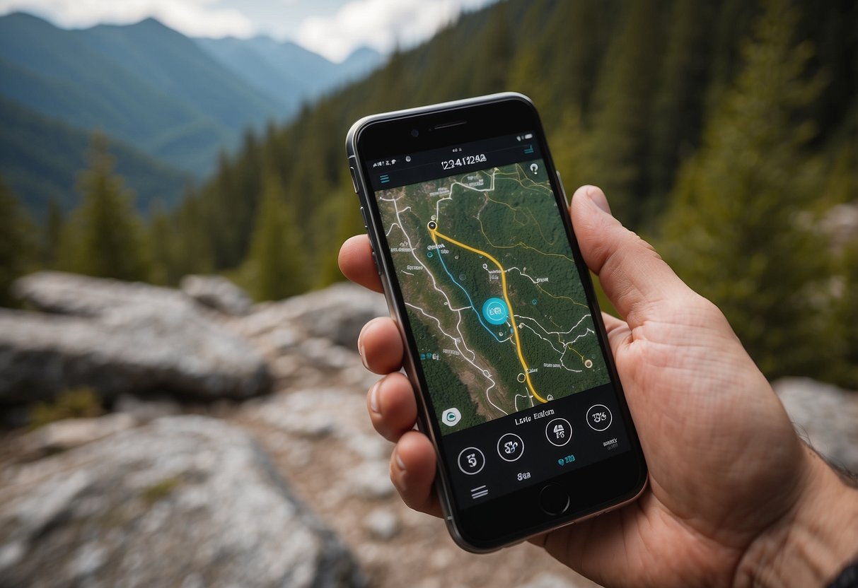 A trail runner's hand holding a smartphone with a trail running app open. The app displays key features such as GPS tracking, elevation profile, distance, and time. The background shows a scenic trail with mountains and trees