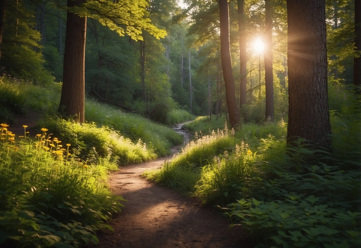 A winding trail cuts through a lush forest, dappled with sunlight. A stream gurgles alongside, and colorful wildflowers line the path. Tall trees provide shade and a sense of tranquility for runners