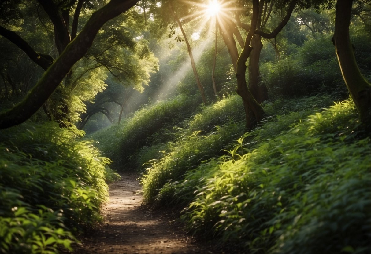 A winding trail cuts through lush greenery, with sunlight filtering through the trees. A stream glistens nearby, and a variety of wildlife can be seen darting through the underbrush