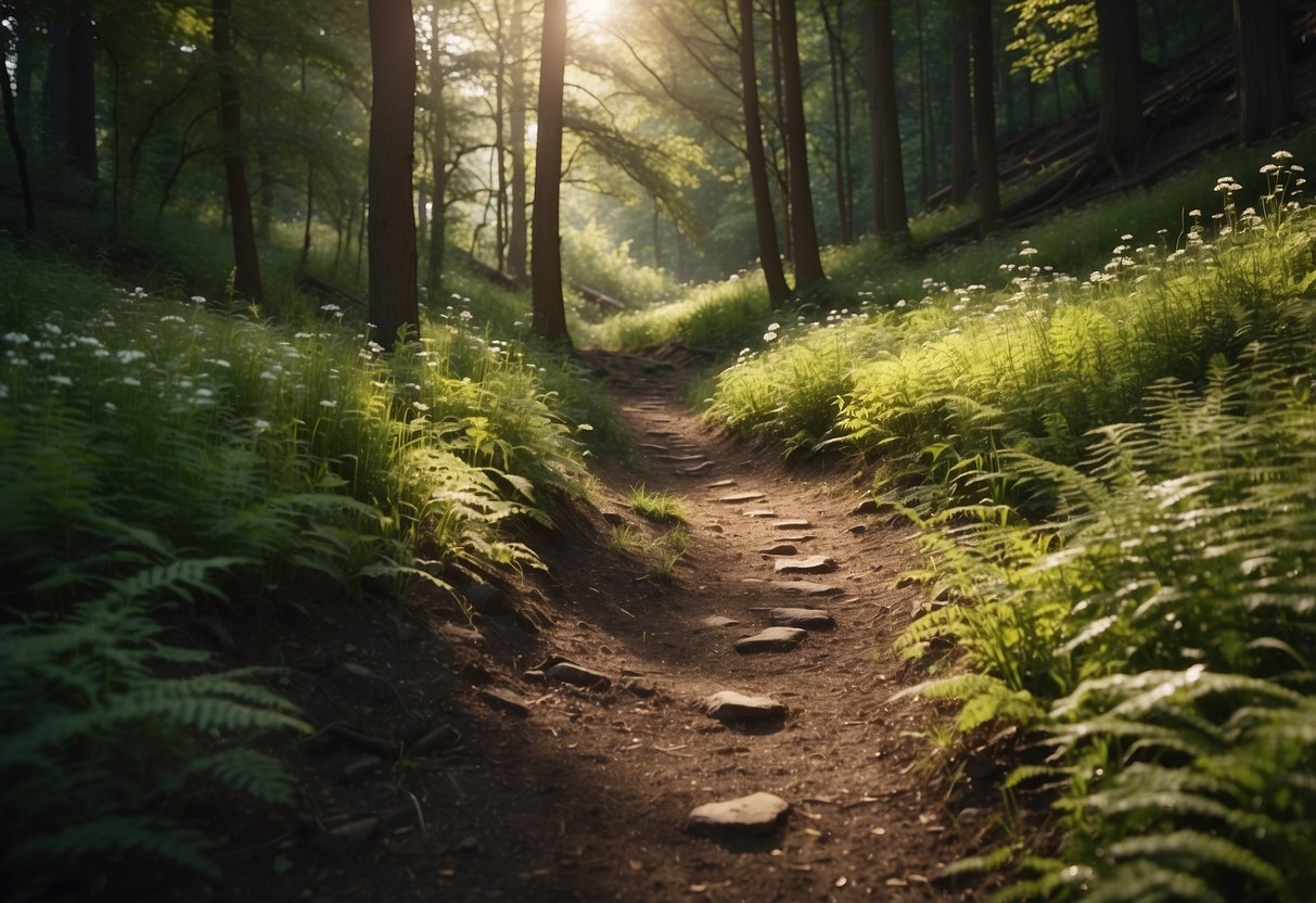 A trail winds through a lush forest, dappled sunlight filtering through the leaves. A small stream gurgles alongside the path, and colorful wildflowers line the edges. The trail stretches into the distance, inviting exploration