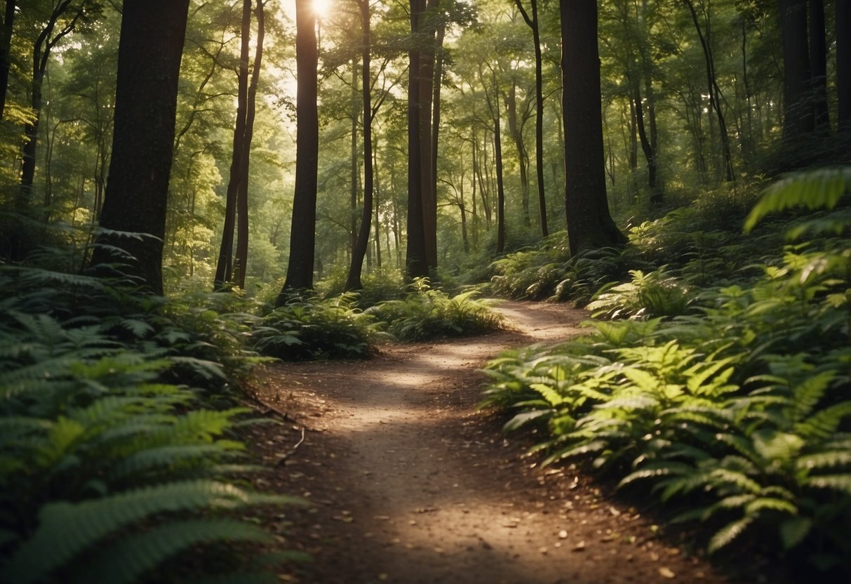 A winding trail cuts through lush forest, with varying terrain and elevation. Signage indicates difficulty level. Sunlight filters through the trees, casting dappled shadows on the path