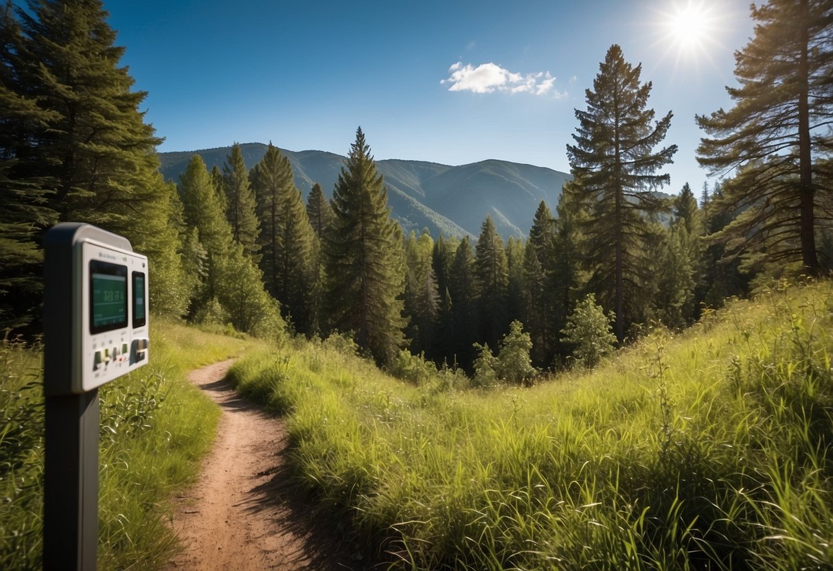 A sunny day with a clear blue sky, green trees, and a winding trail through a picturesque landscape. A weather monitor displays current conditions