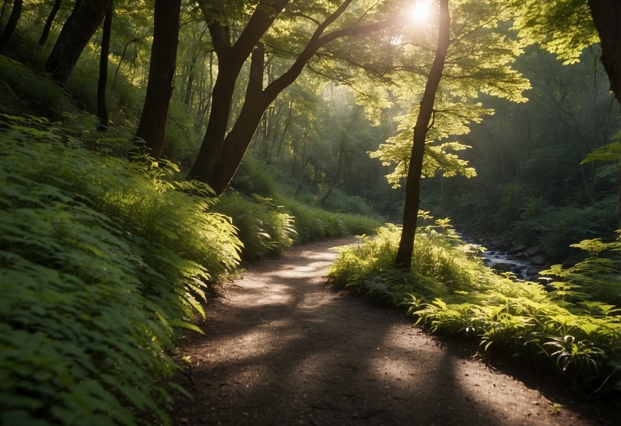 A winding trail cuts through a lush forest, with varying terrain and elevation. Sunlight filters through the trees, casting dappled shadows on the path. A stream runs alongside, providing a serene backdrop for runners of all fitness levels