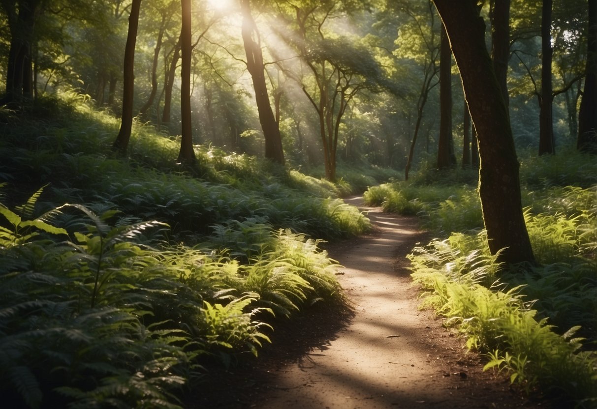 A winding trail through a lush forest, with gentle slopes and clear signage. Sunlight filters through the trees, casting dappled shadows on the path. A serene stream runs alongside, adding to the peaceful ambiance