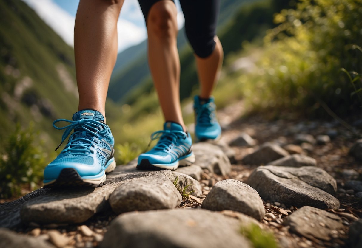 A woman's trail running shoes displayed on a rocky path, surrounded by lush greenery and a clear blue sky