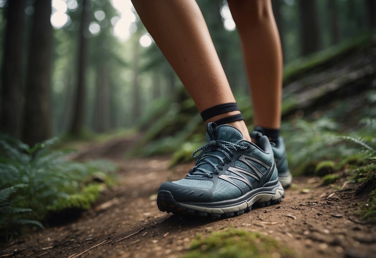 A woman's trail running shoes on a rugged path, surrounded by trees and nature. The shoes are lightweight and designed for agility and speed