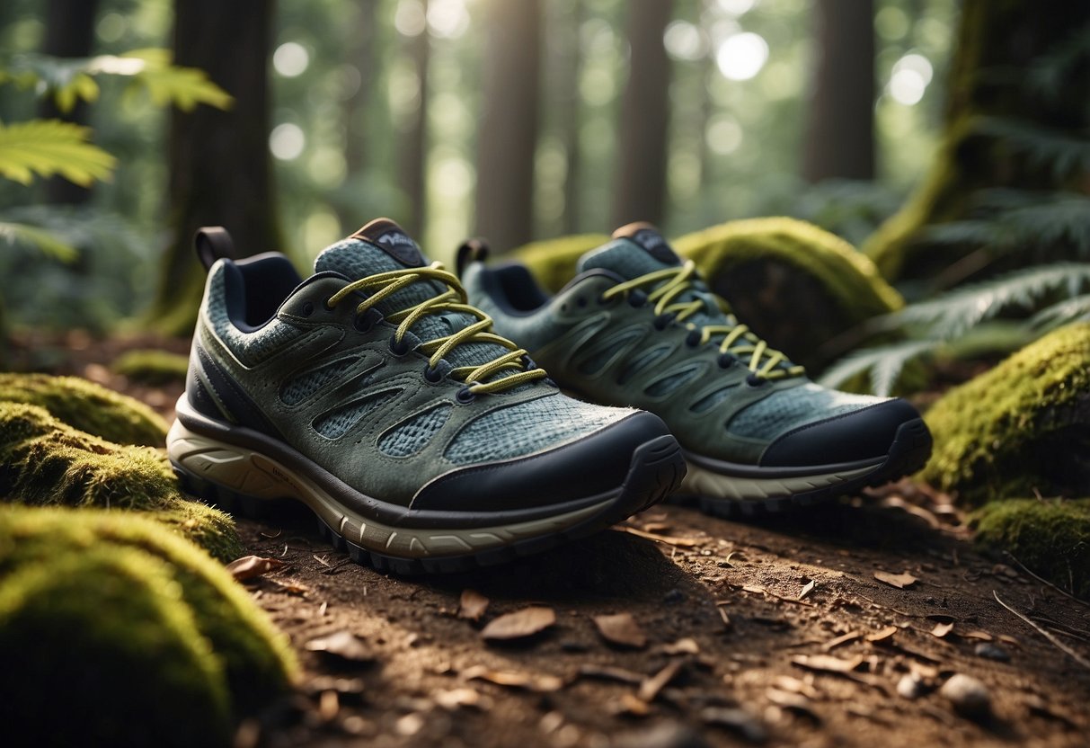 A trail winding through a forest, with sunlight filtering through the trees. Five pairs of lightweight trail running shoes arranged in a row, surrounded by natural elements like rocks and leaves