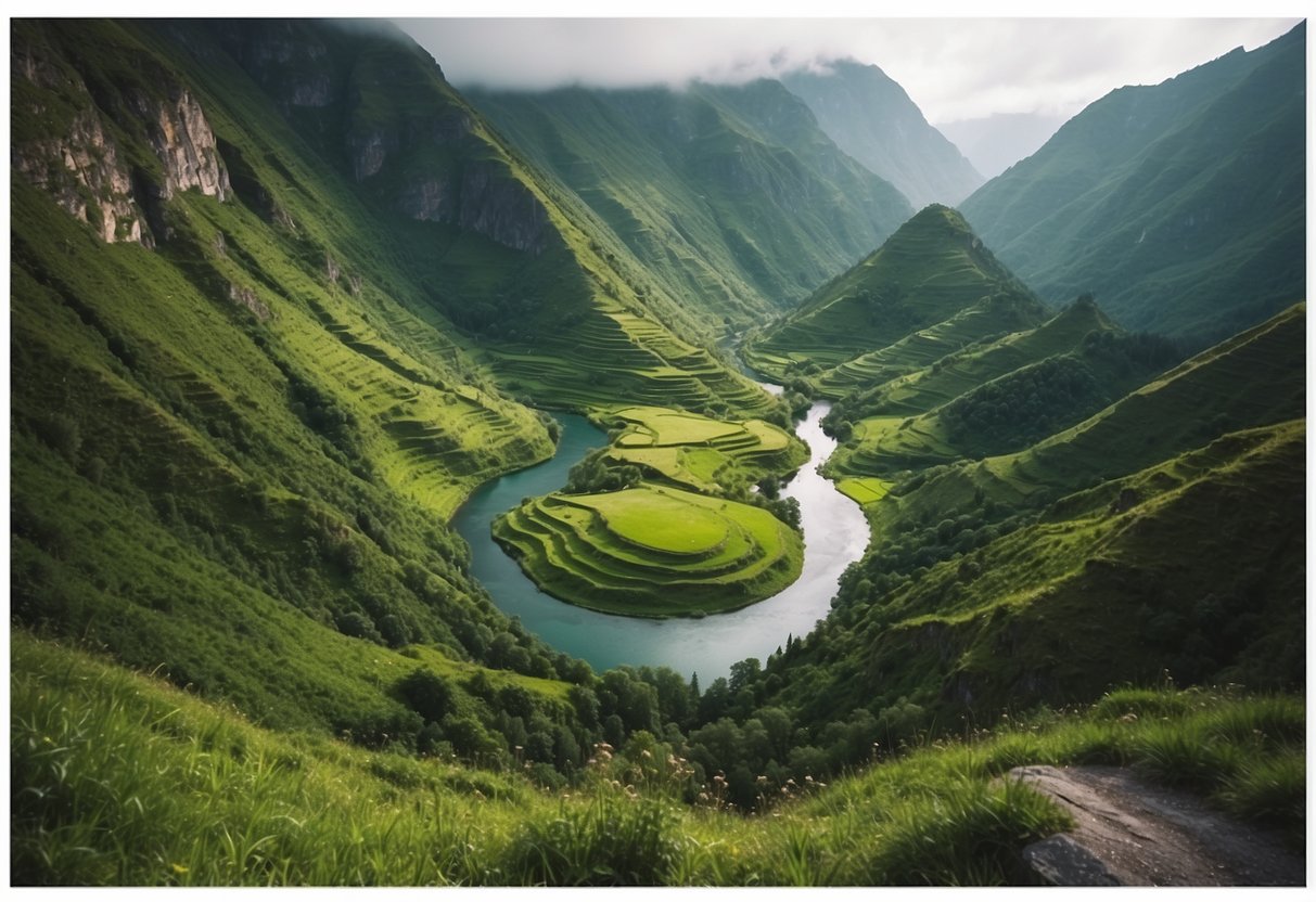 Mountainous terrain with lush greenery and winding paths, leading to serene lakes and cascading waterfalls, set against a backdrop of misty peaks