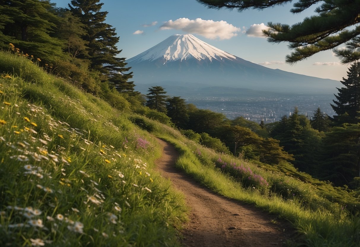 A winding trail cuts through lush green forests, with Mount Fuji visible in the distance. The path is lined with vibrant wildflowers and shaded by towering trees