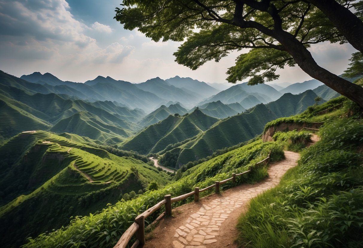 A winding trail cuts through lush green mountains, leading from Gubeikou to Jinshanling, China. The path is surrounded by vibrant foliage and offers breathtaking views of the Asian landscape