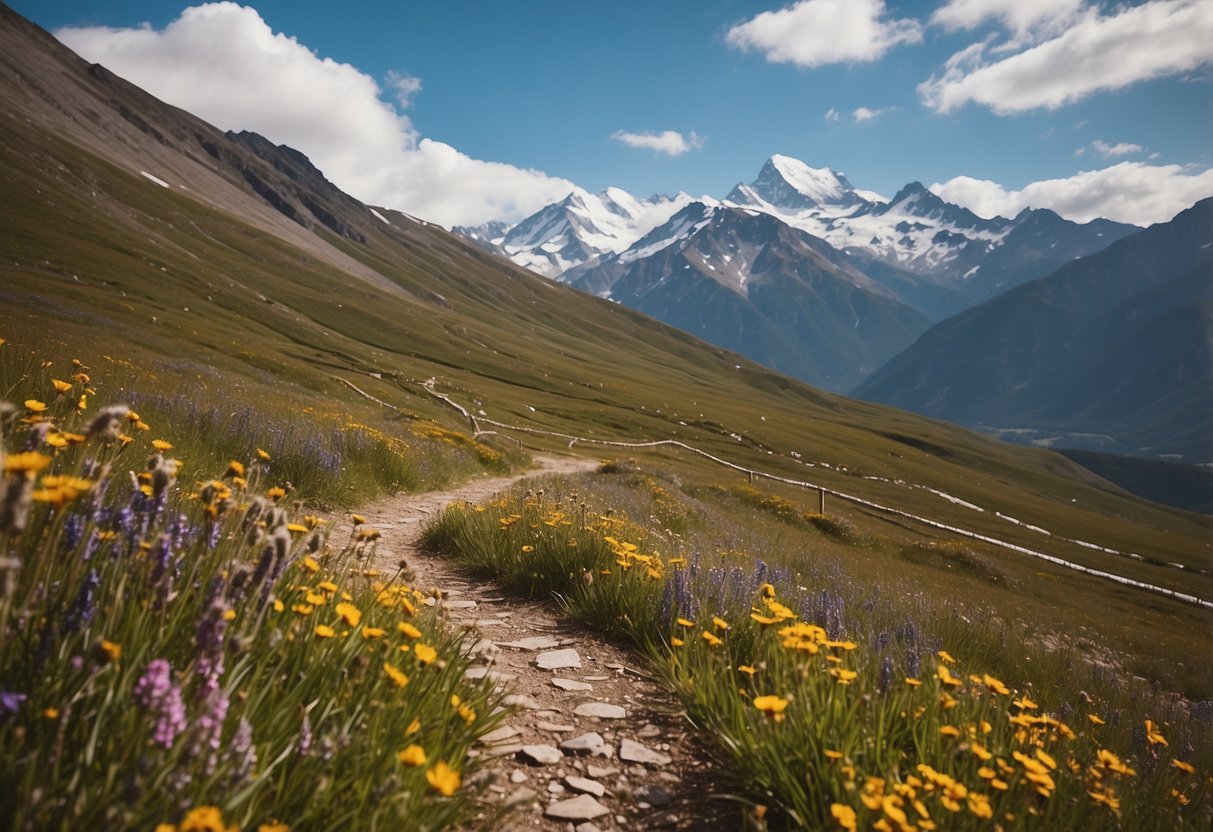 A winding trail ascends through lush mountains, with snow-capped peaks in the distance. Prayer flags flutter in the breeze, and colorful wildflowers line the path