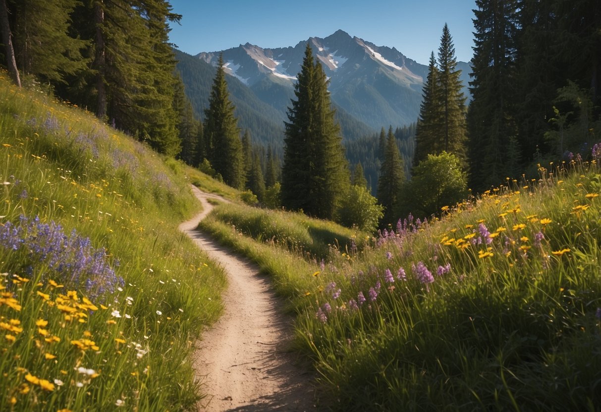 A winding trail through lush greenery, with mountains in the distance and a clear blue sky above. The path is surrounded by colorful wildflowers and tall trees, creating a serene and picturesque scene