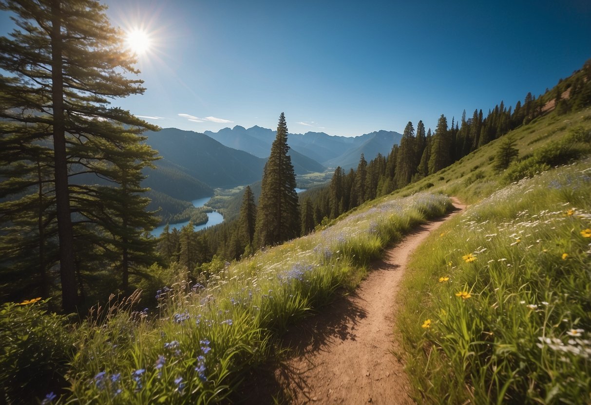 A winding trail cuts through lush green mountains, with a clear blue sky overhead. The path is dotted with colorful wildflowers and surrounded by towering trees. In the distance, a serene lake glistens in the sunlight