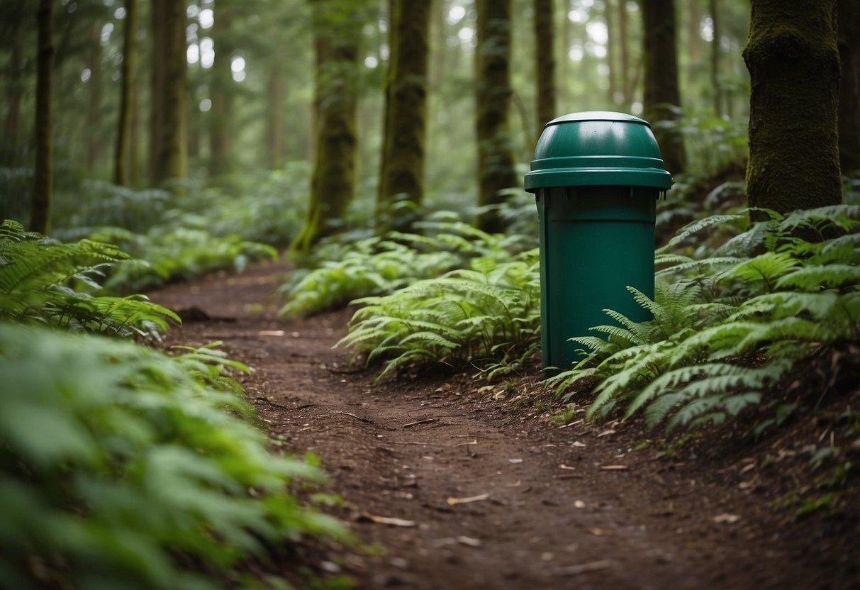 Trail winding through forest, with designated waste bins along the path. Runners carrying reusable water bottles and snacks, disposing of any waste in provided bins. Lush greenery and wildlife in the background