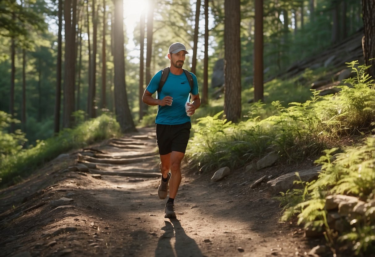 A trail runner packs a reusable trash bag, picking up litter along the path. Trees and rocks surround the trail, with a clear blue sky overhead