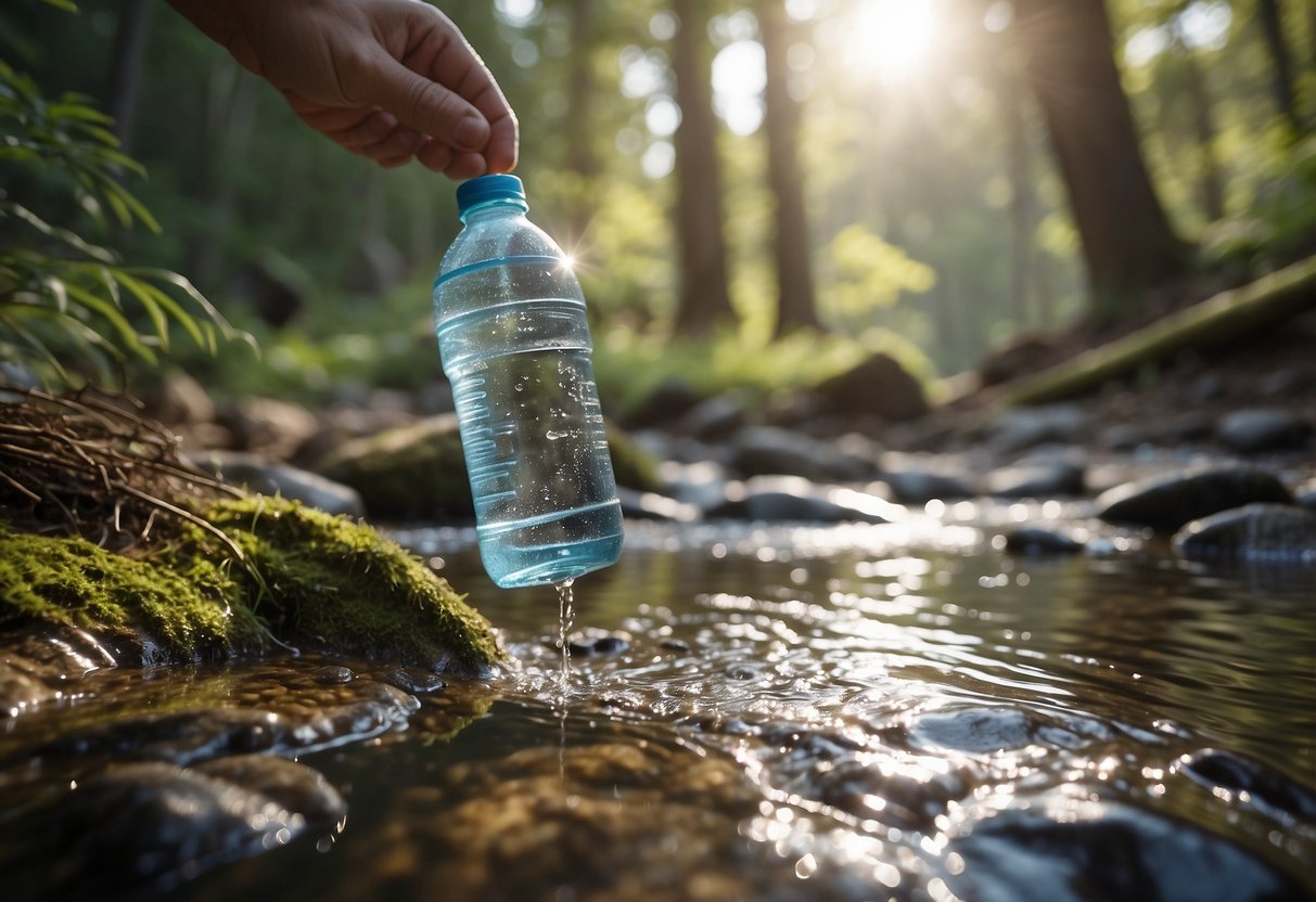 Trail runner pours biodegradable soap into stream, surrounded by trees and wildlife. Litter-free environment with reusable water bottle and waste management tips posted nearby