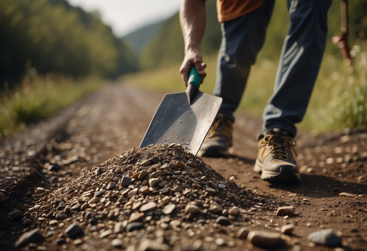 A person running on a trail, holding a lightweight trowel, with waste management tips displayed around them