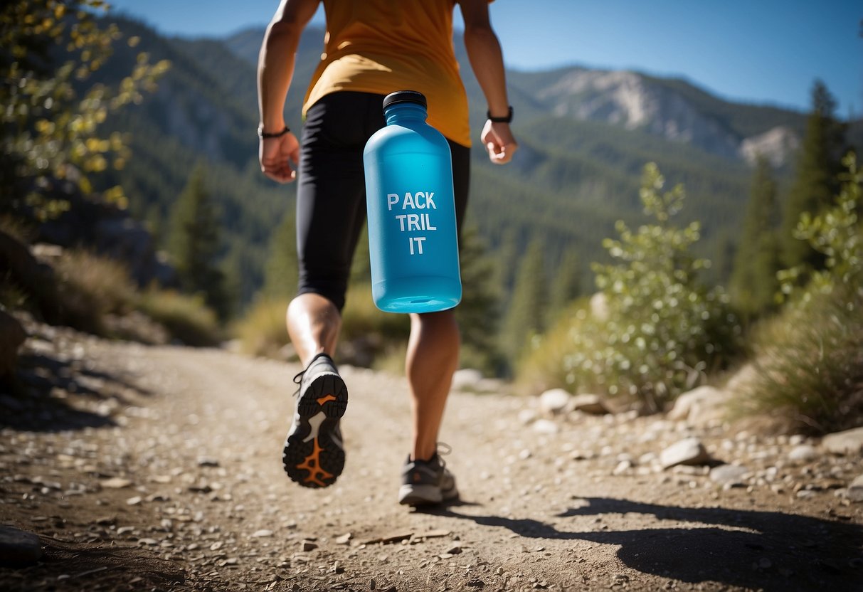 Trail running scene: A runner carrying a reusable water bottle, passing by trash bins with a "pack it in, pack it out" sign. Rocky trail and trees in the background