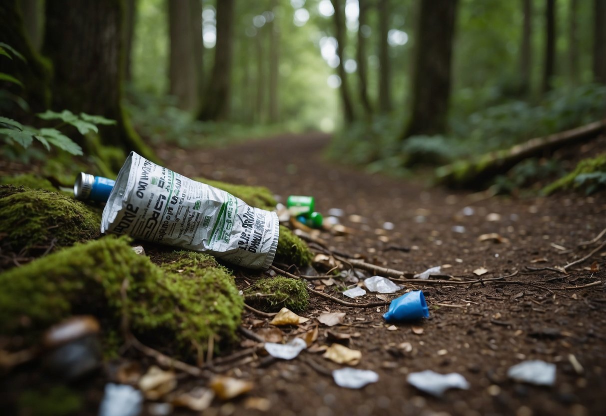 A trail winds through a forest, littered with discarded bottles, wrappers, and cans. A sign reads "Pick Up Trash You Find" as a reminder to manage waste while trail running