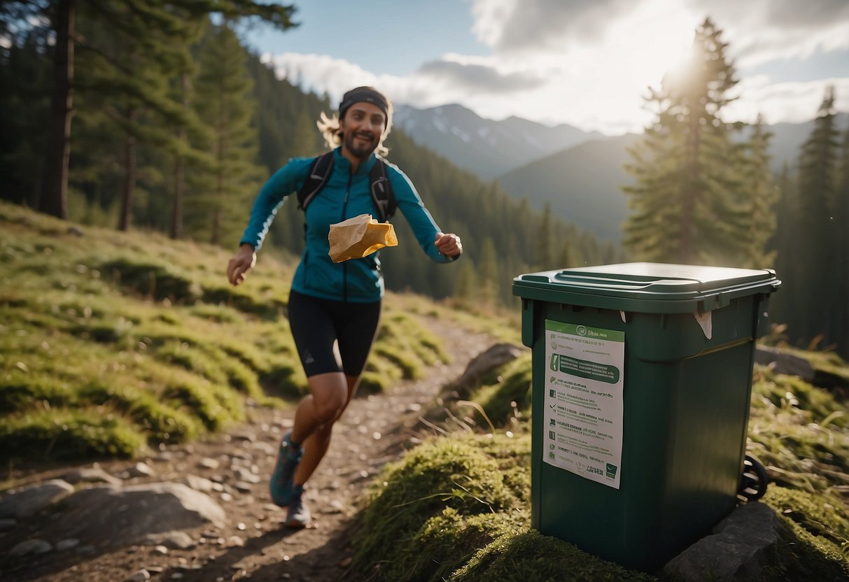 A trail runner tosses a snack wrapper into a designated waste bin. Surrounding the bin are signs and visuals promoting waste management tips for trail runners