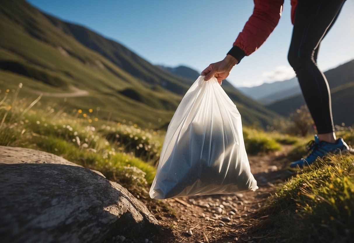 A trail runner tosses a used reusable silicone bag into a designated waste bin, surrounded by natural scenery. Seven tips for managing waste are listed nearby