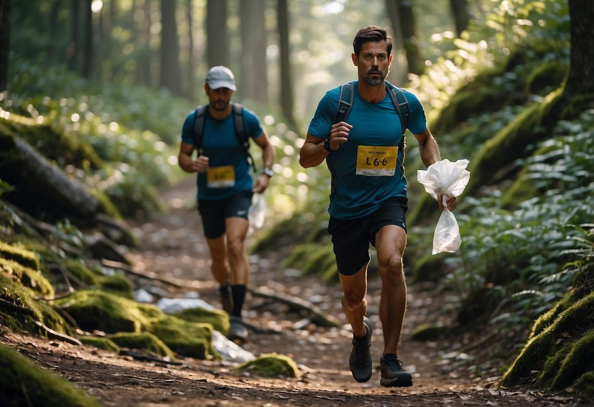 A trail runner navigating through a forest, encountering various forms of waste such as plastic bottles and wrappers. Signs and tips for waste management are visible along the trail