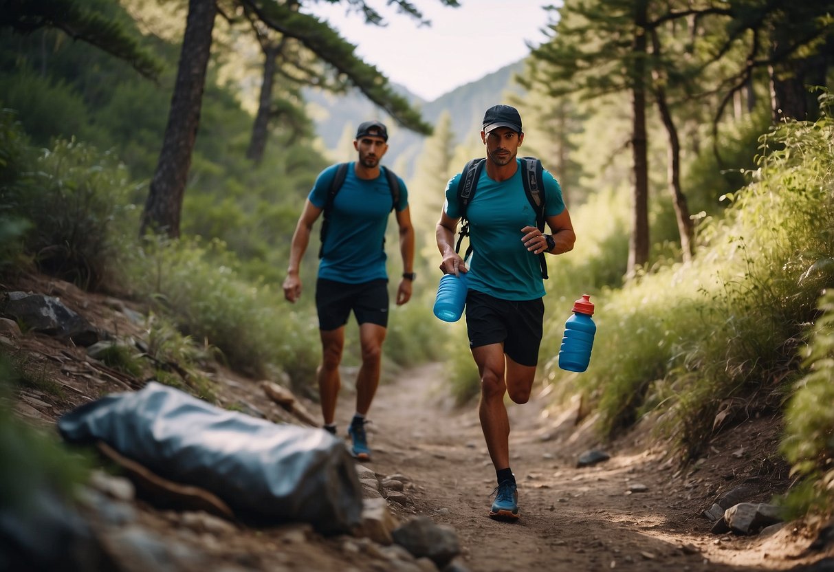 A trail runner disposing of waste in a designated bin, carrying a reusable water bottle, and packing out any trash encountered on the trail