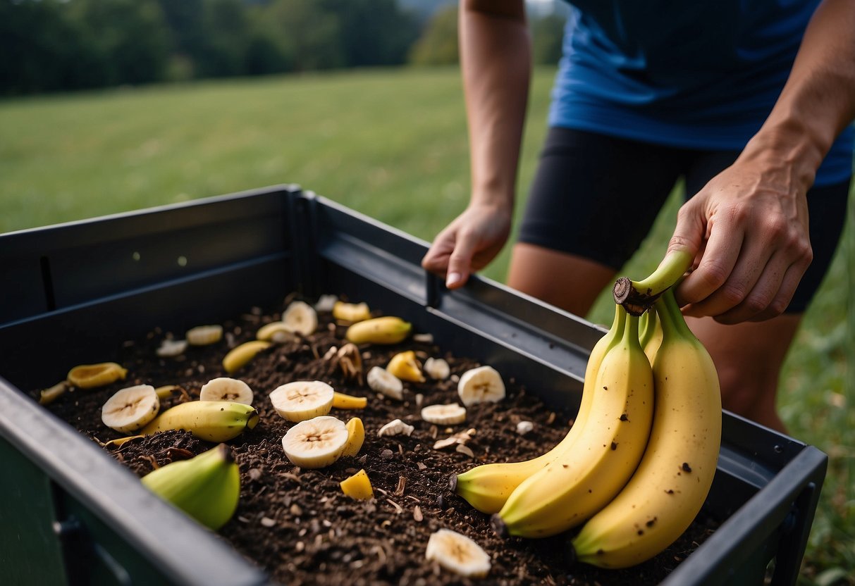 A trail runner tossing a banana peel into a compost bin. Nearby, a recycling bin for plastic bottles and a sign promoting environmental stewardship