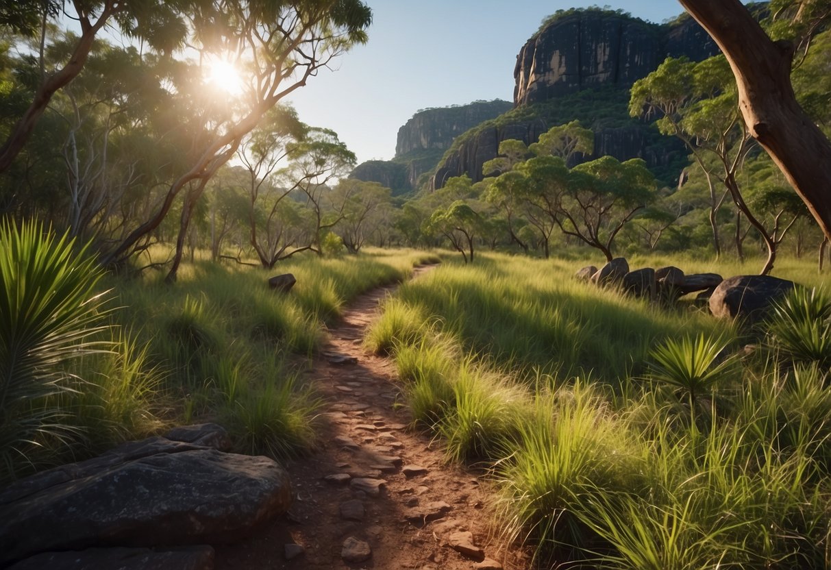 Lush greenery and rocky trails wind through Kakadu National Park, with stunning views of the Australian landscape