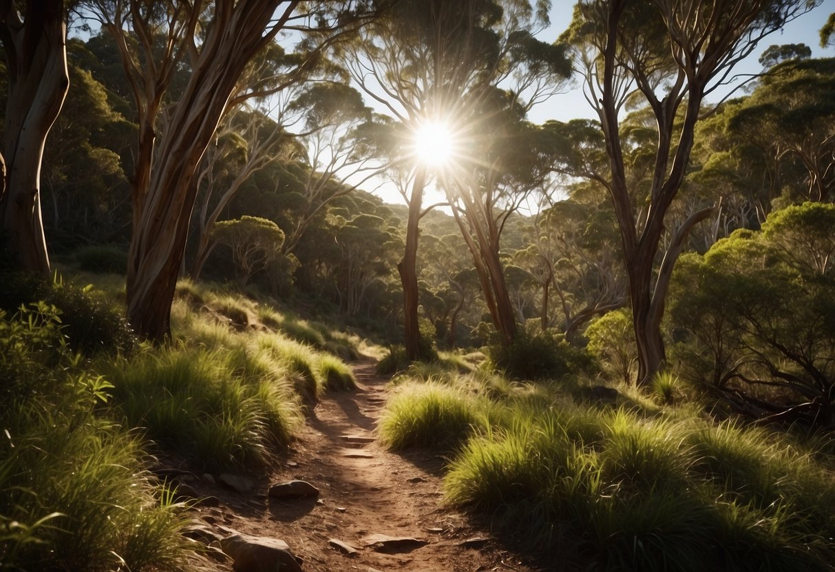 A trail winds through lush Australian bush, with rocky terrain and scenic views. Trees tower overhead, casting dappled sunlight on the path. Wildlife can be seen darting through the underbrush