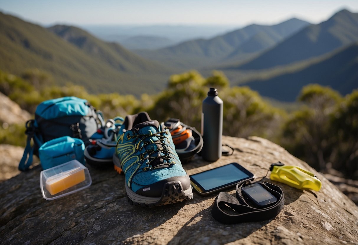 A trail runner's gear laid out on a rocky surface, including running shoes, hydration pack, GPS watch, and trail map. In the background, a scenic Australian trail with lush vegetation and rugged terrain