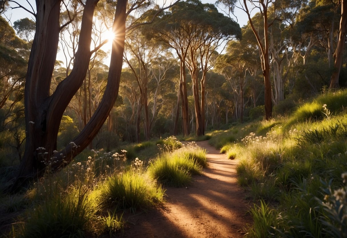 A winding trail cuts through lush Australian bushland, with towering eucalyptus trees and colorful wildflowers lining the path. The sun casts dappled shadows on the ground, creating a picturesque setting for trail running