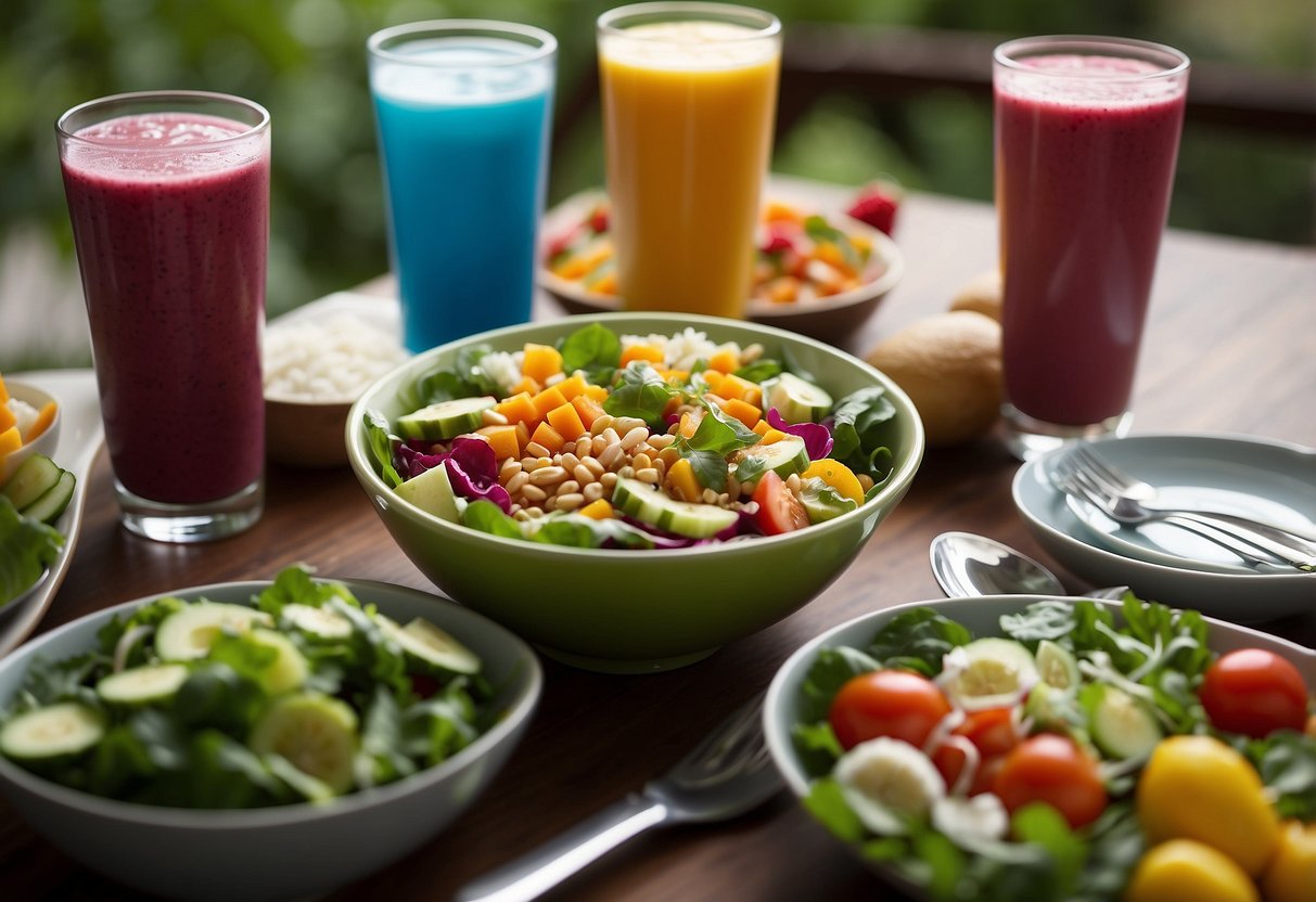 A table set with colorful, balanced meals: salads, smoothies, and lean proteins. Running shoes and water bottles nearby