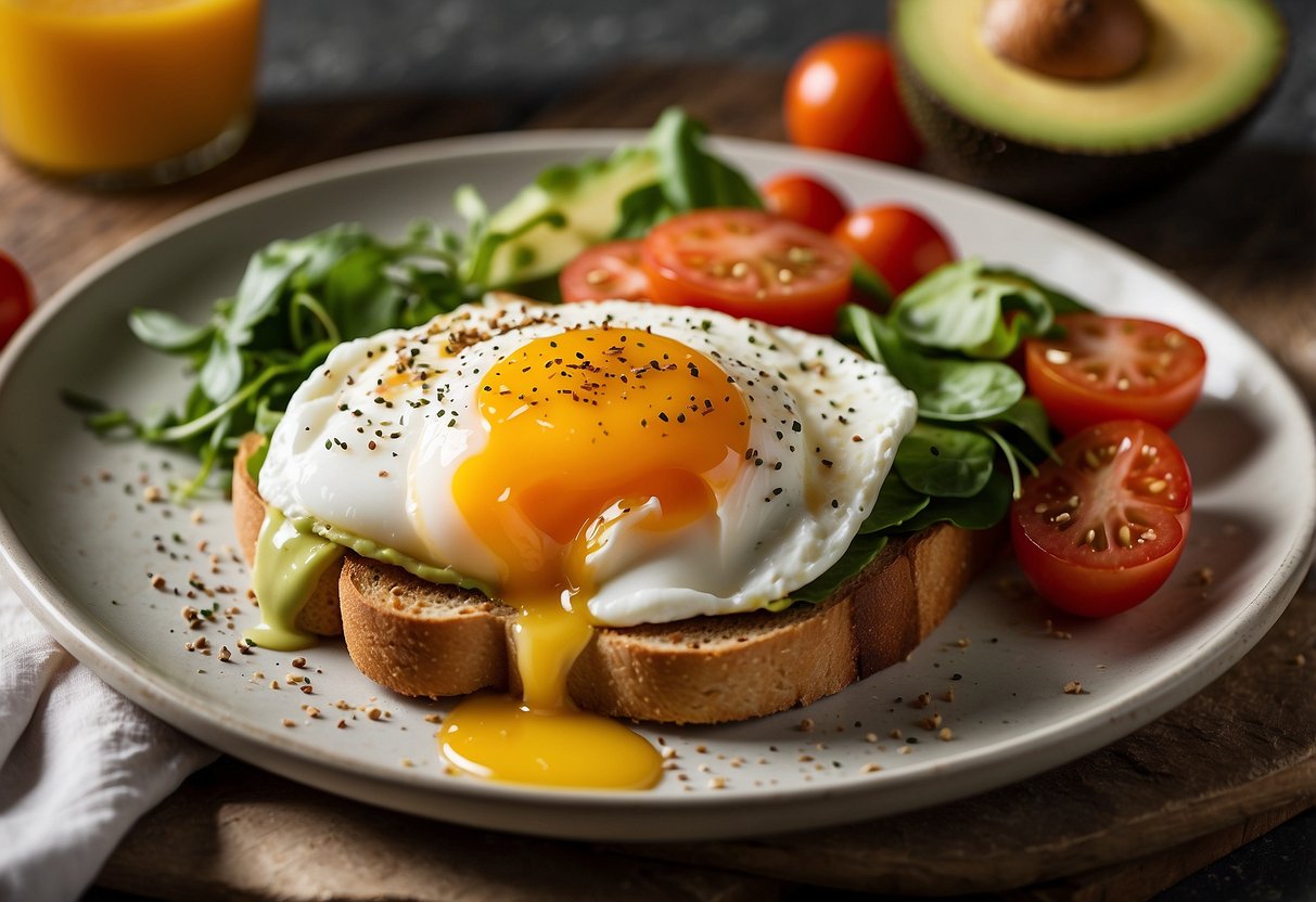 A plate of avocado toast topped with poached eggs, surrounded by ingredients like tomatoes, leafy greens, and a glass of orange juice