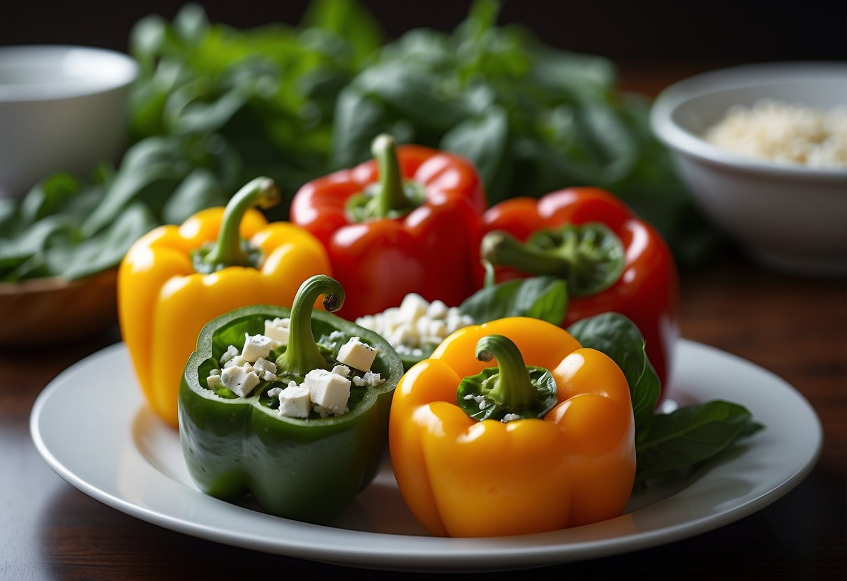 Brightly colored bell peppers, sliced open and filled with a vibrant green mixture of spinach and feta. The peppers are arranged on a clean, white plate, ready to be served as a healthy and satisfying meal option