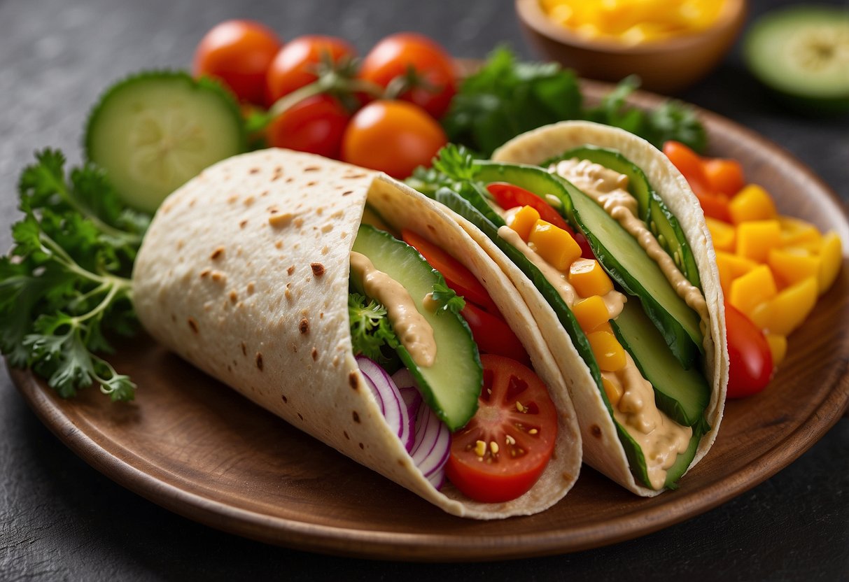 A colorful array of fresh vegetables and a dollop of creamy hummus are artfully arranged on a whole grain wrap, ready to fuel a runner's next adventure