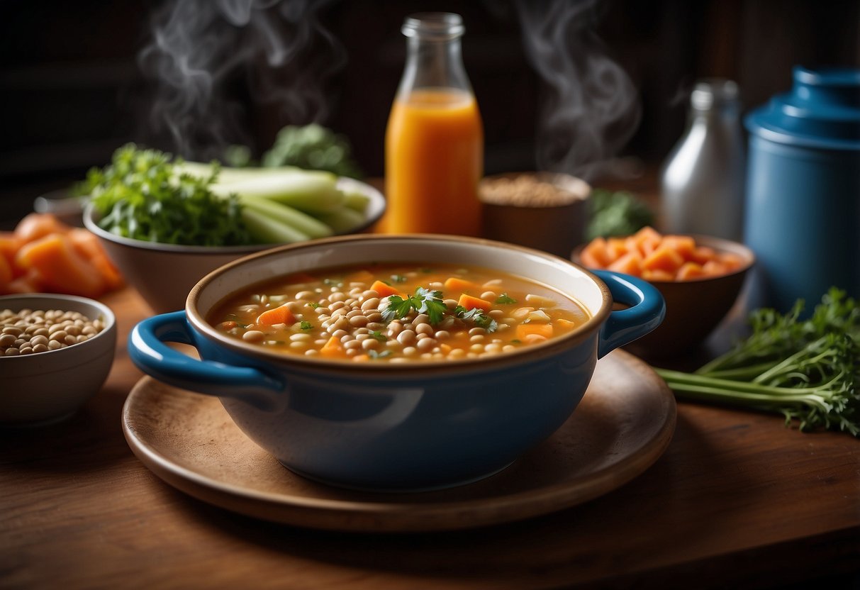 A steaming pot of lentil soup surrounded by ingredients like carrots, onions, and celery. A bowl of soup sits on a table next to a pair of running shoes and a water bottle