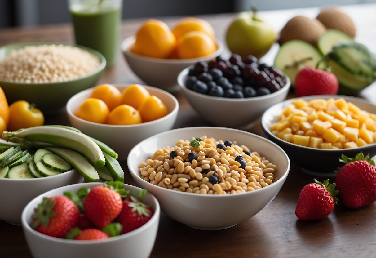 A table set with a variety of lightweight and nutritious meal options, including fruits, vegetables, lean proteins, and whole grains. Nutritional information and portion sizes displayed alongside each dish