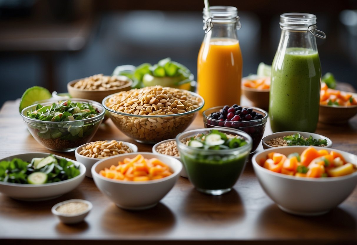 A table set with colorful, balanced meals: salads, wraps, and smoothie bowls. Fresh fruits and vegetables, lean proteins, and whole grains. Energy bars and water bottles nearby