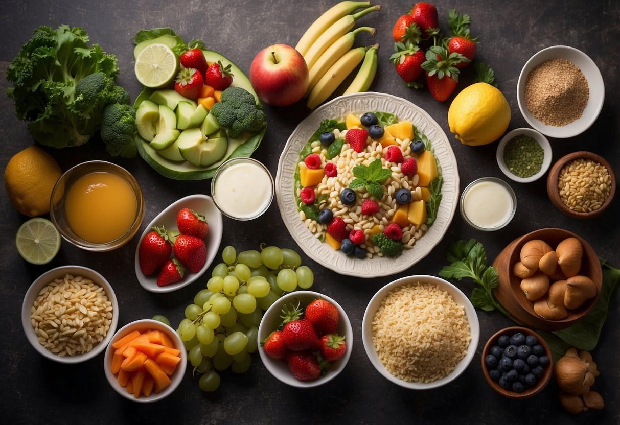 A table set with a variety of lightweight and nutritious meal options, including fruits, vegetables, grains, and lean proteins, arranged in an appealing and appetizing manner